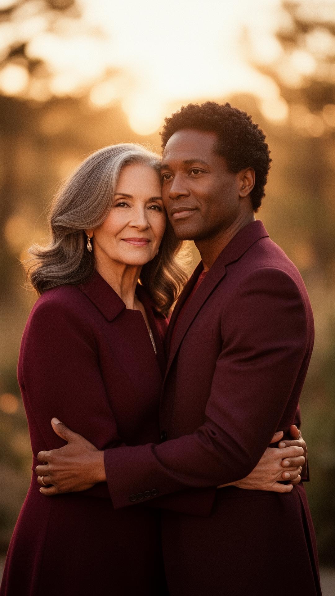 Mature couple embracing at golden hour
